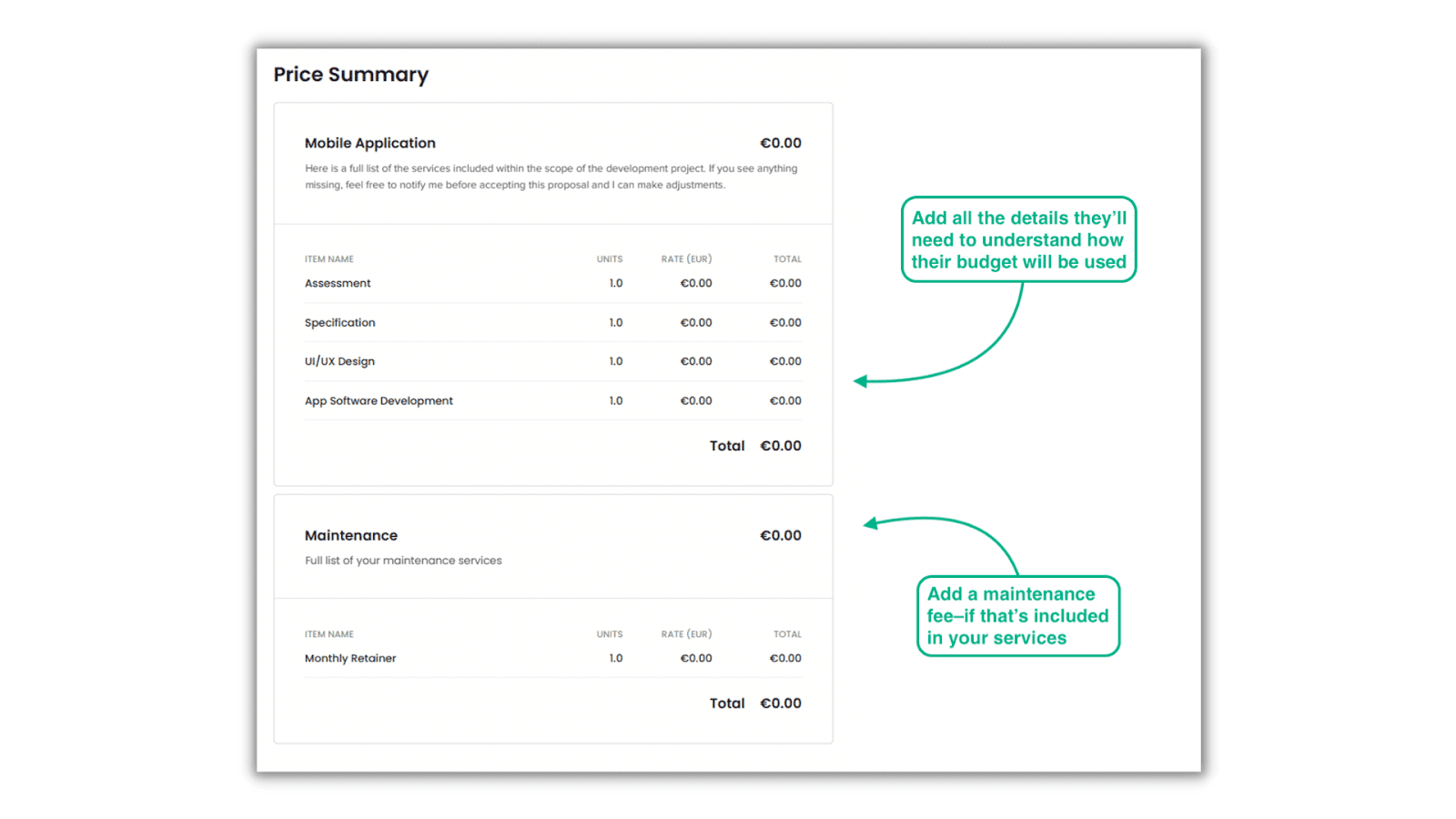 add a detailed breakdown of the pricing terms of your project