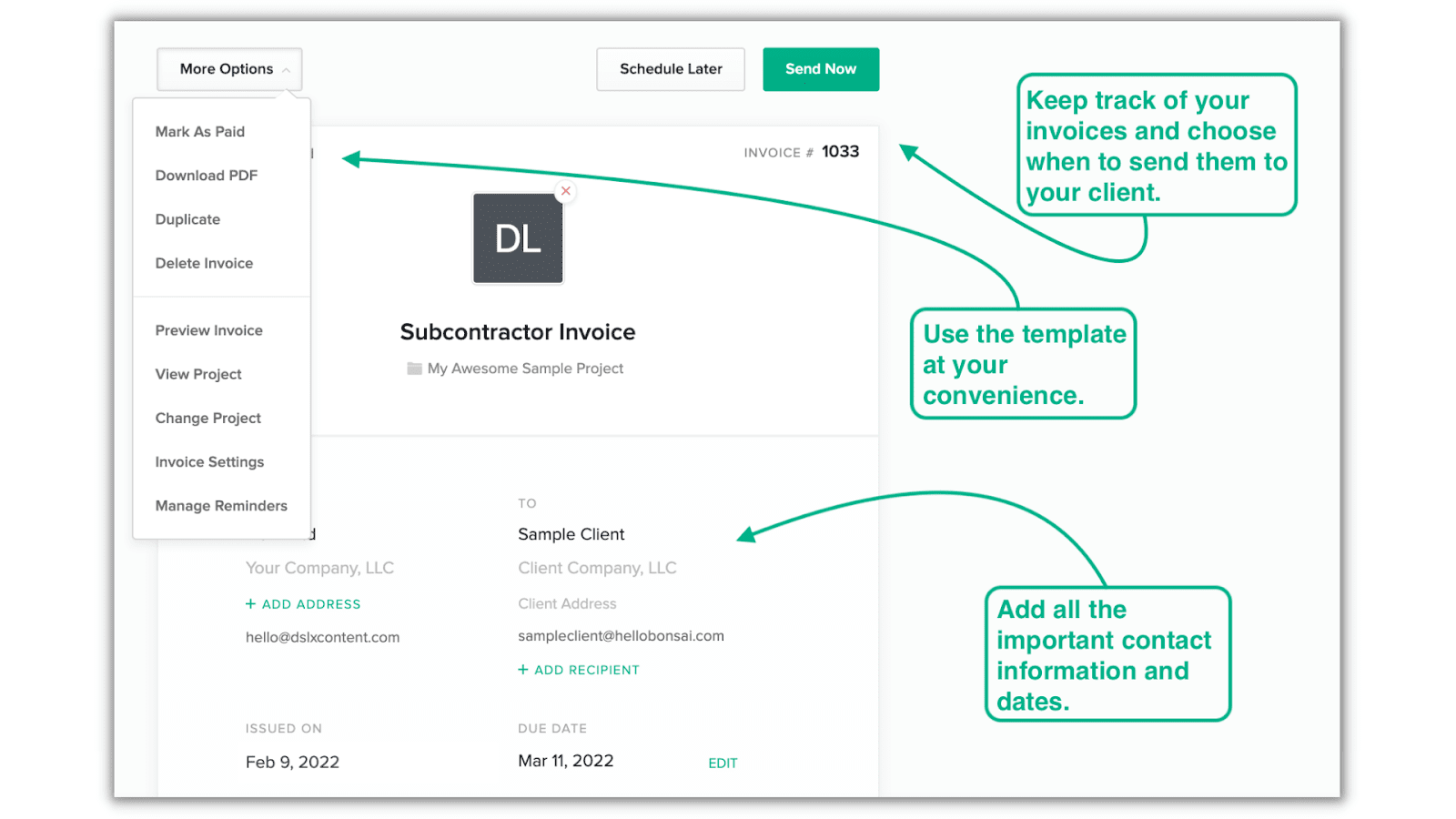 features of Bonsai's subcontractor invoice maker tool