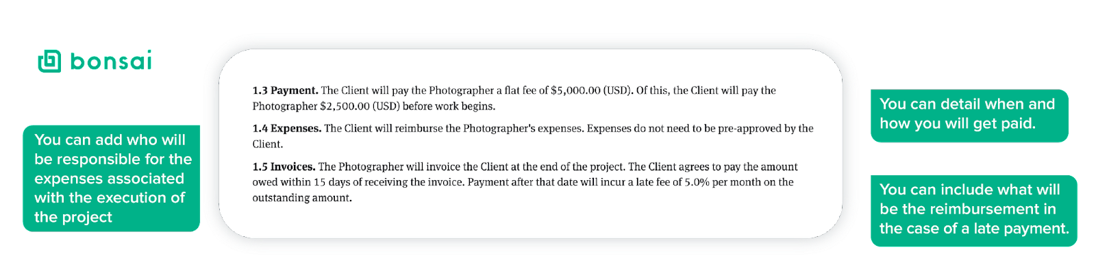 Entering the payment details on a wedding photography contract