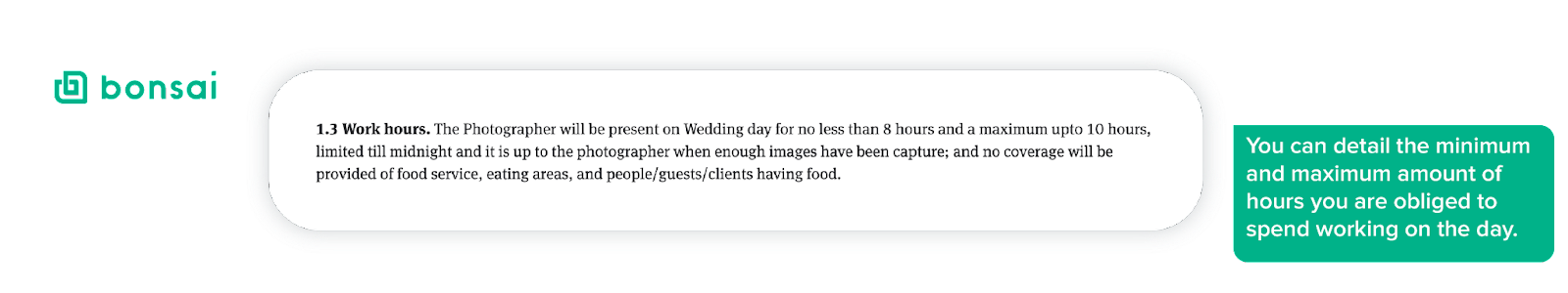 Work hours section of a wedding photography contract template