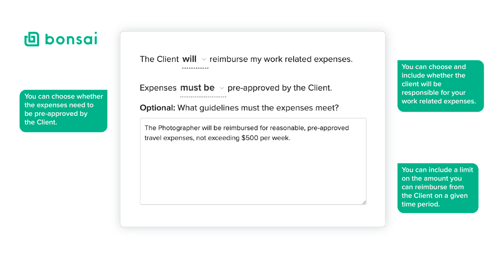 Travel and expenses on a wedding photography contract template