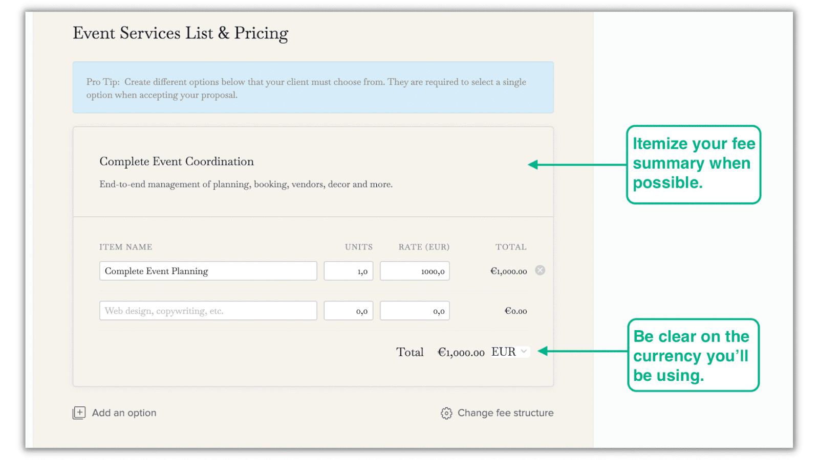 Event Services List and Pricing page
