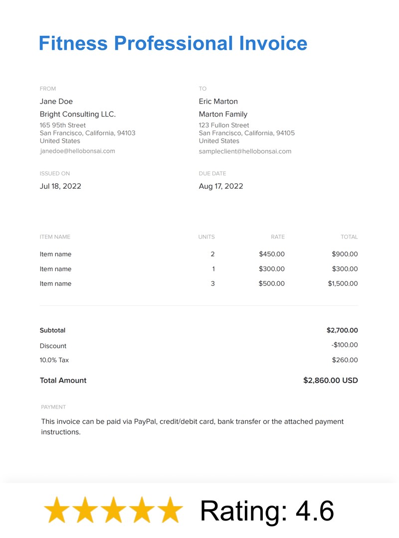 Fitness Professional Invoice Template