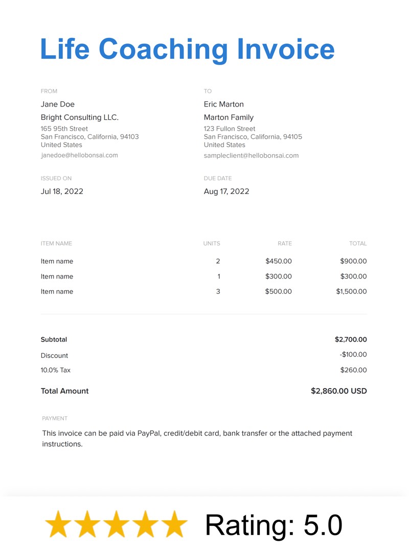 Life Coaching Invoice Template