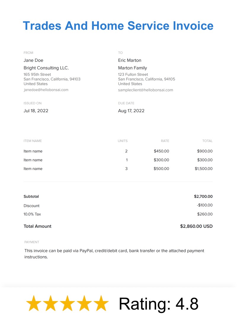 Trades And Home Service Invoice Template