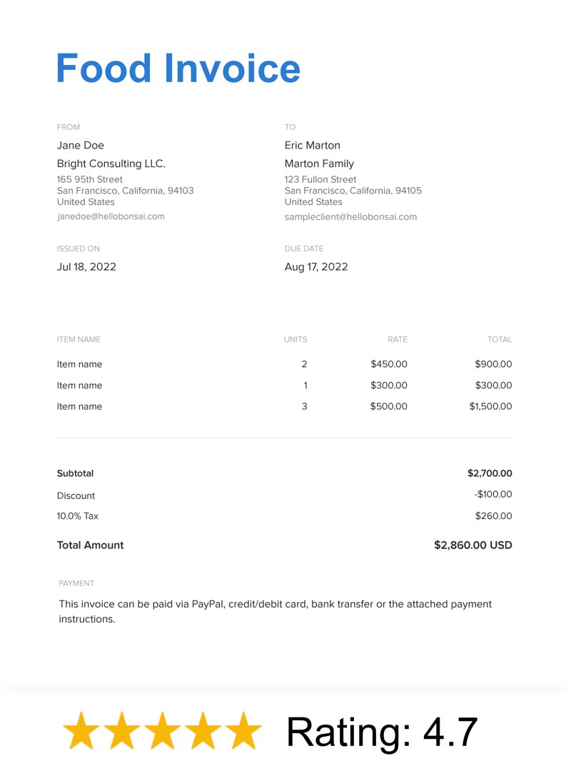 Food Invoice Template