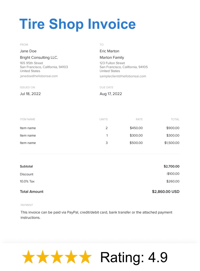 Tire Shop Invoice Template