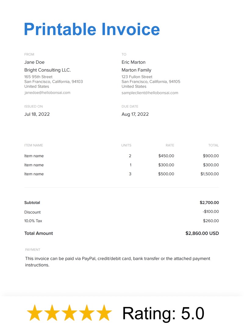 Free Printable Invoice Template | Word, PDF - Bonsai