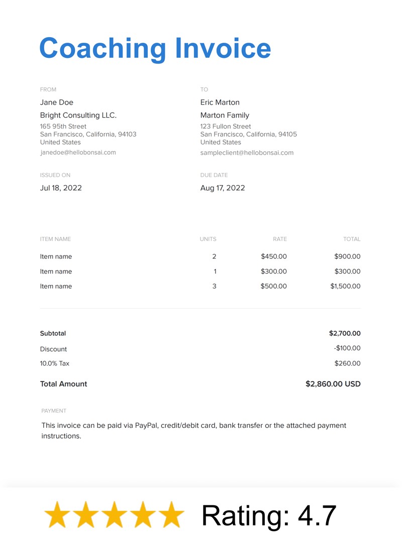 Coaching Invoice Template