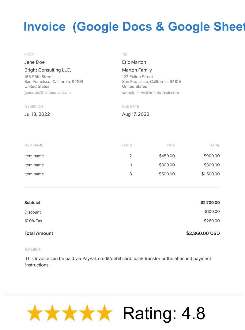 Free Invoice Template Google Docs | Google Sheets - Bonsai