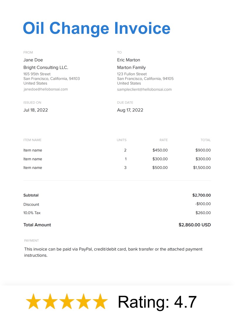 Oil Change Invoice Template