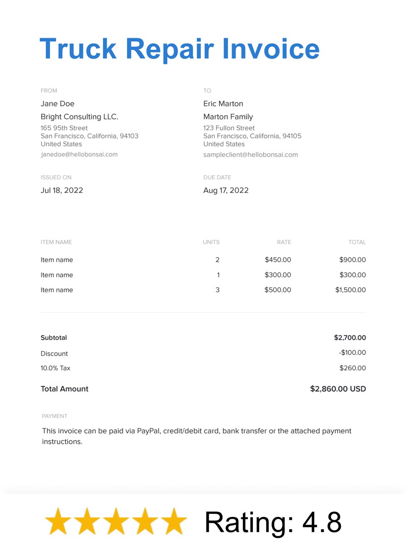 Truck Repair Invoice Template