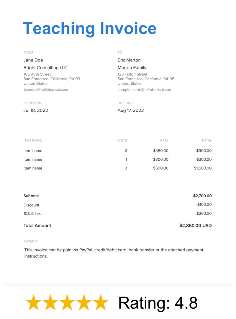 Teaching Invoice Template