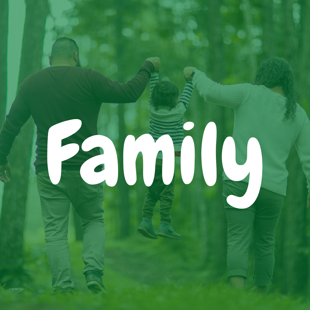 Family Support Button: A faded background image behind a semi-transparent green screen. The photo is of two parents walking through a forest, holding their child's hands on either side, swinging them up. Large white text reads "Family"
