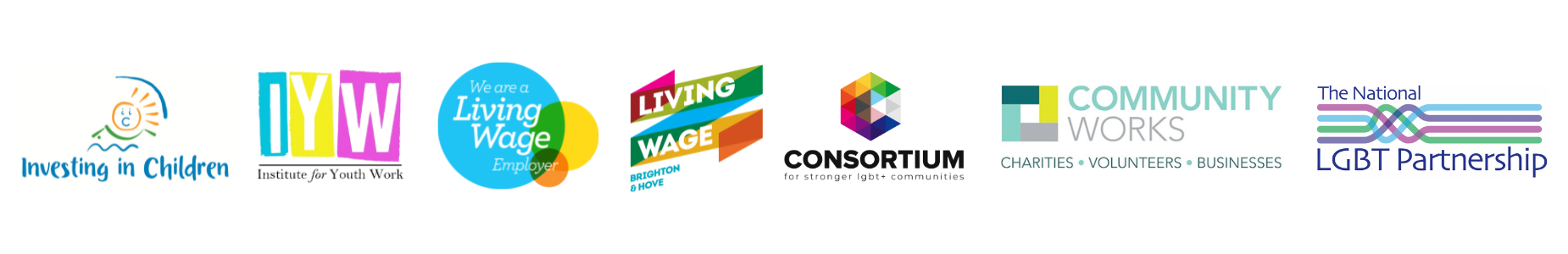 A row of logos of awards or networks Allsorts is involved with. From left to right, Investing In Children, Institute of Youth Work, We're a Living Wage Employer, Living Wage Brighton & Hove, LGBT Consortium, Community Works