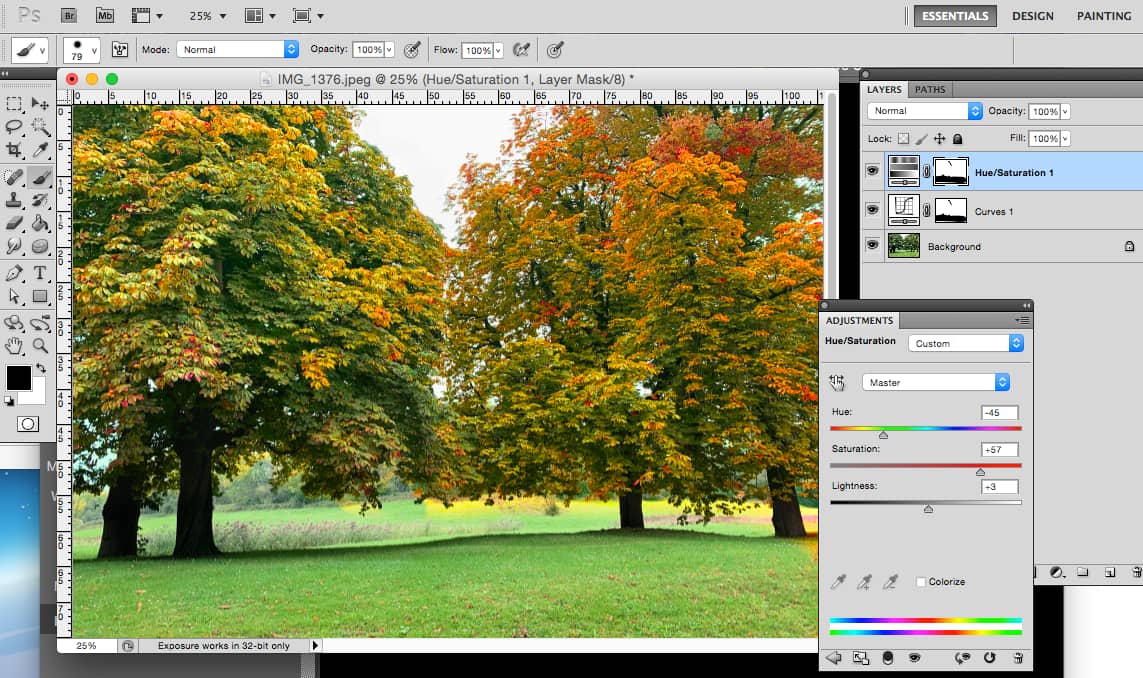 Screenshot van computer met Photoshop bewerking van bomen naar herfstleuren