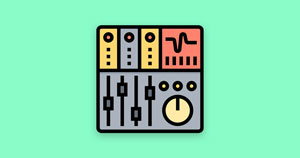 A mixing console icon on a mint green background.