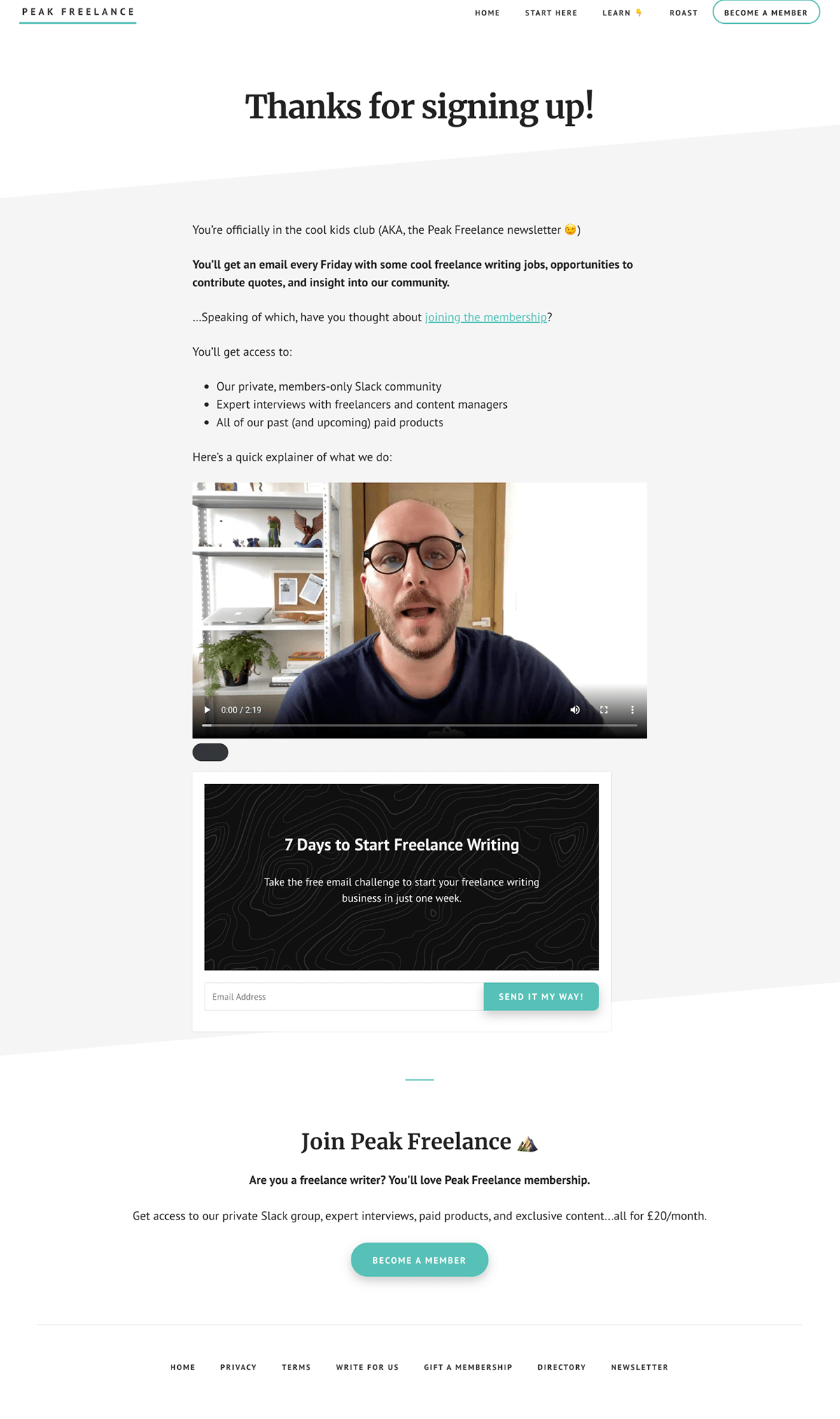 Peak Freelance thank you page example