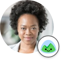 A woman with a company logo