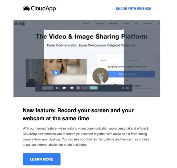 A GIF of CloudApp's screen and webcam recording features being used.