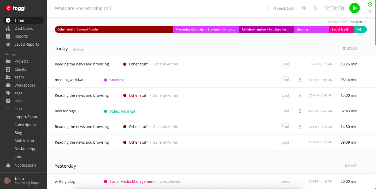 Screenshot of the Toggl productivity app.