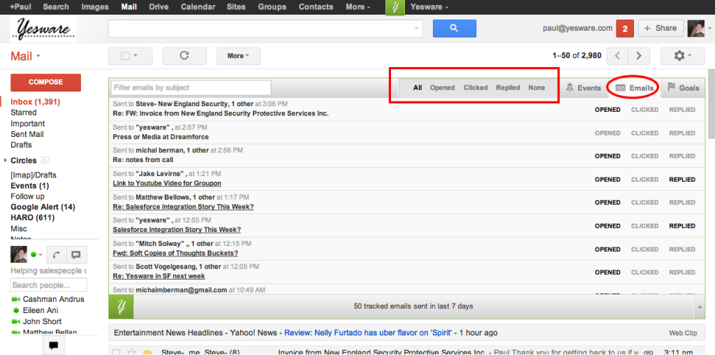 Screenshot of Yesware, a sales productivity tool