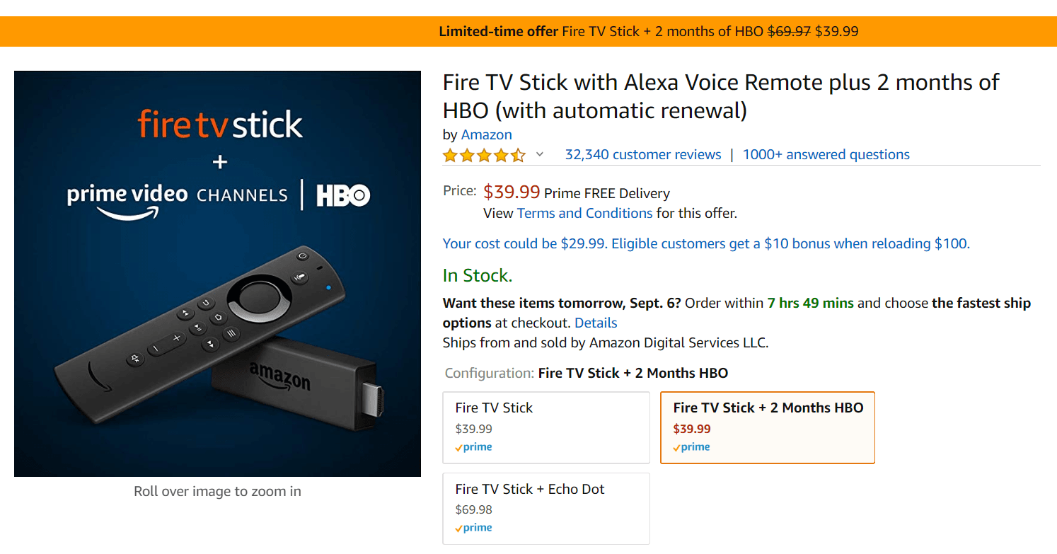 Amazon provides product benefits with package and price options