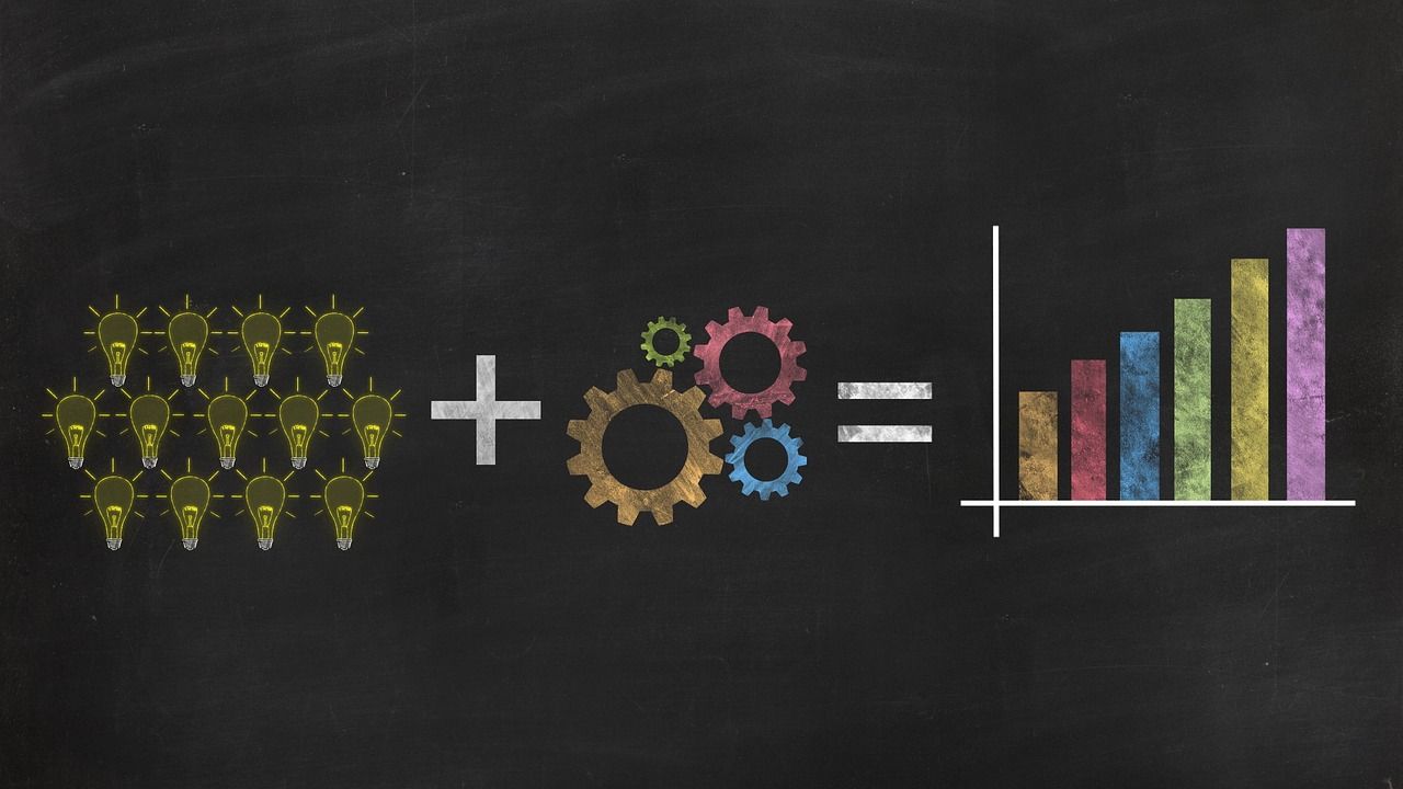 Lightbulbs plus cogs equals rising bar graphs