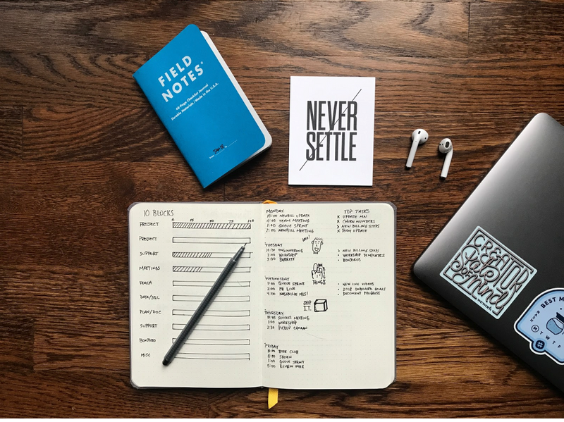 Notebook with notes, laptop, workstation