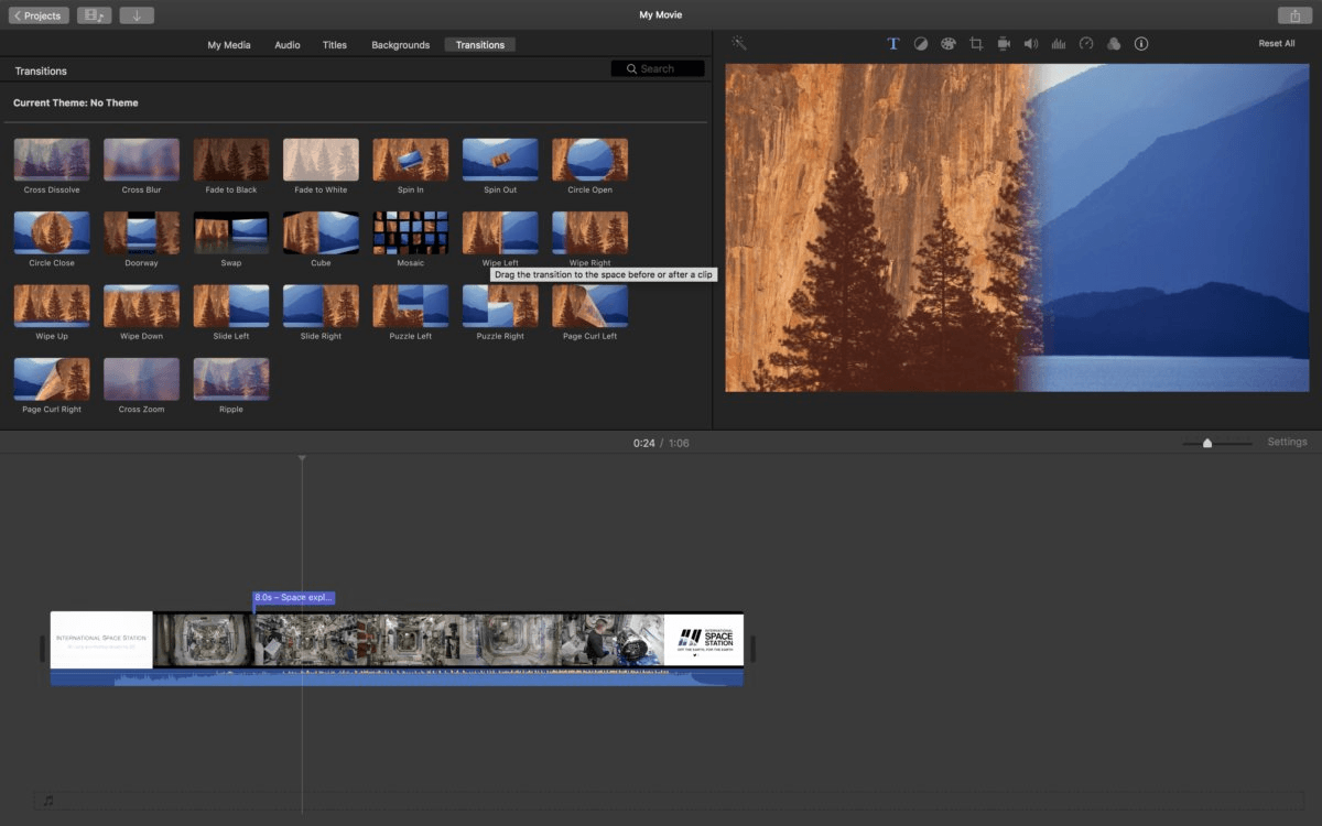 A screenshot of the iMovie software by Apple.