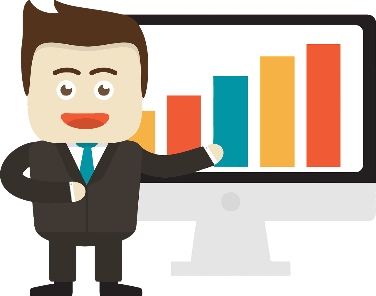 Cartoon man pointing to bar chart