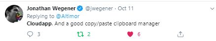 Tweet about CloudApp from Jonathan Wegener