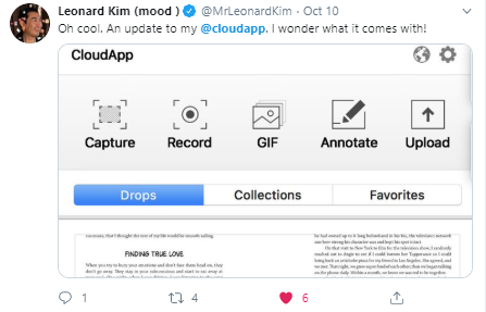 Tweet about CloudApp from Leonard Kim