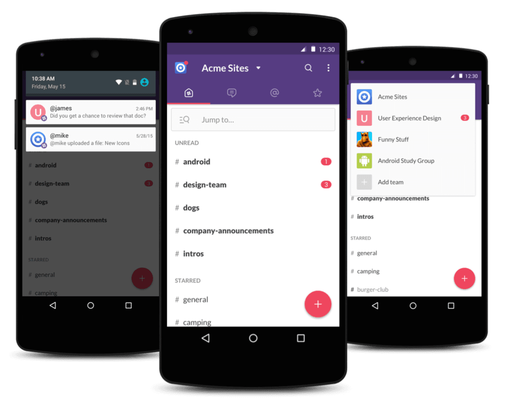 Image of three phones using the Slack productivity app.