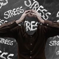 a figure with a missing face with the words stress all around him