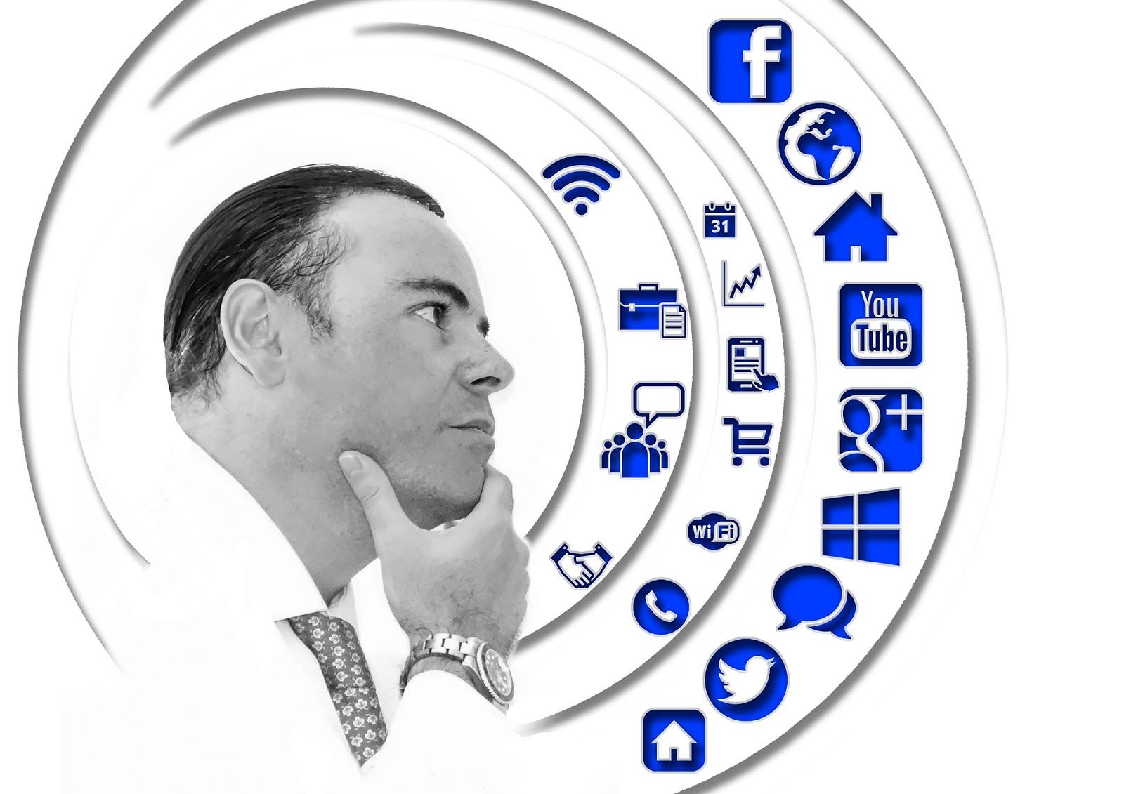 Businessman gazing at various lead nurturing icons