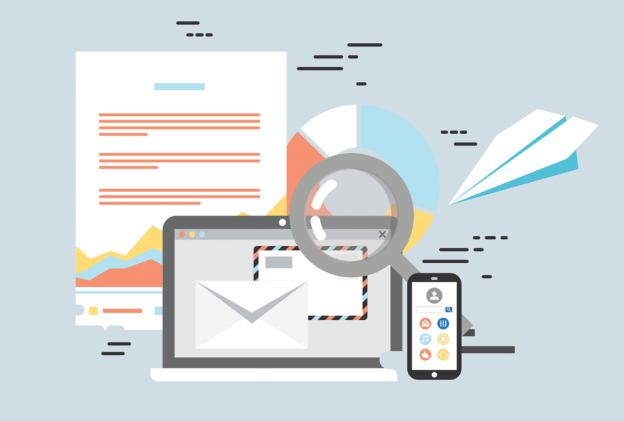 Magnifying glass hovering over tablet screen showing lead nurturing campaign