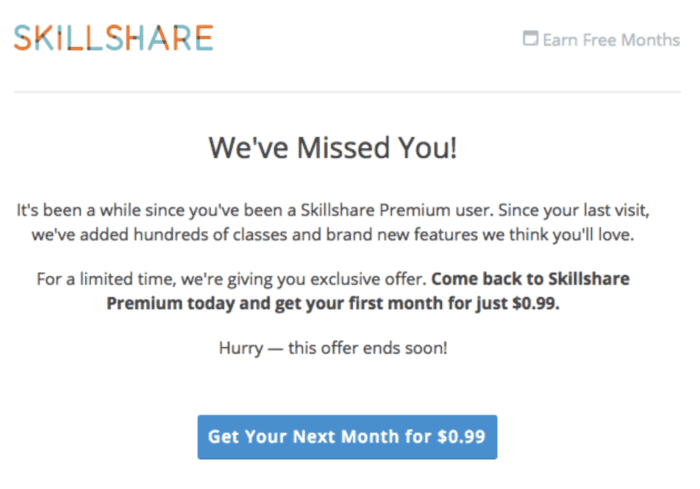 win-back campaign email with a great deal, via Skilllshare