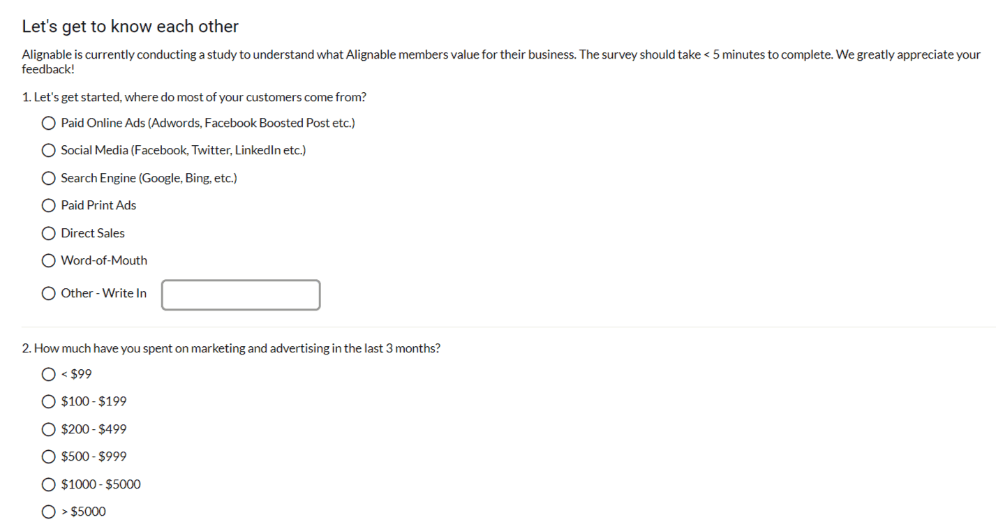 Survey questions from Alignable