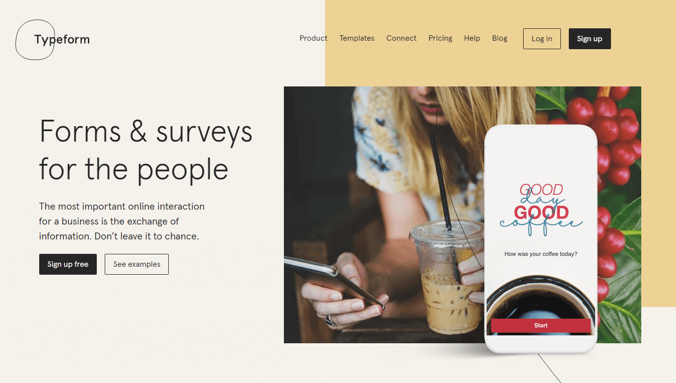 Homepage of Typeform, an online survey tool with an aesthetically pleasing interface.