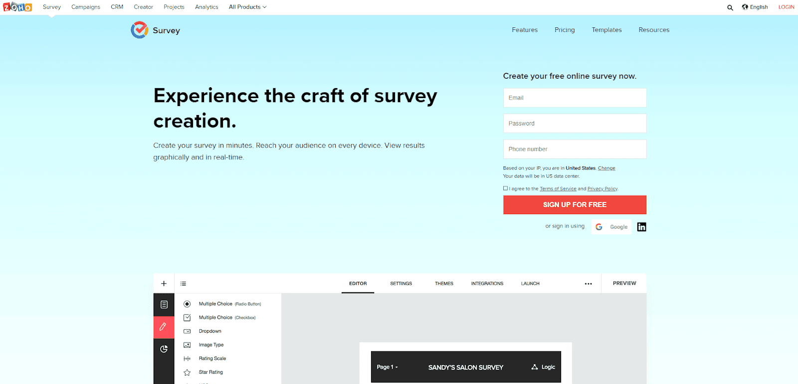 Zoho Survey’s homepage.