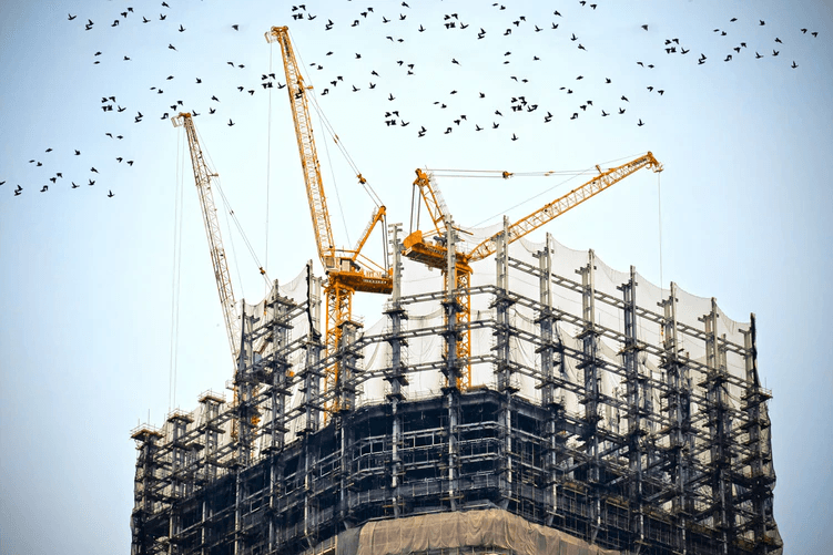 Three cranes building a large building.