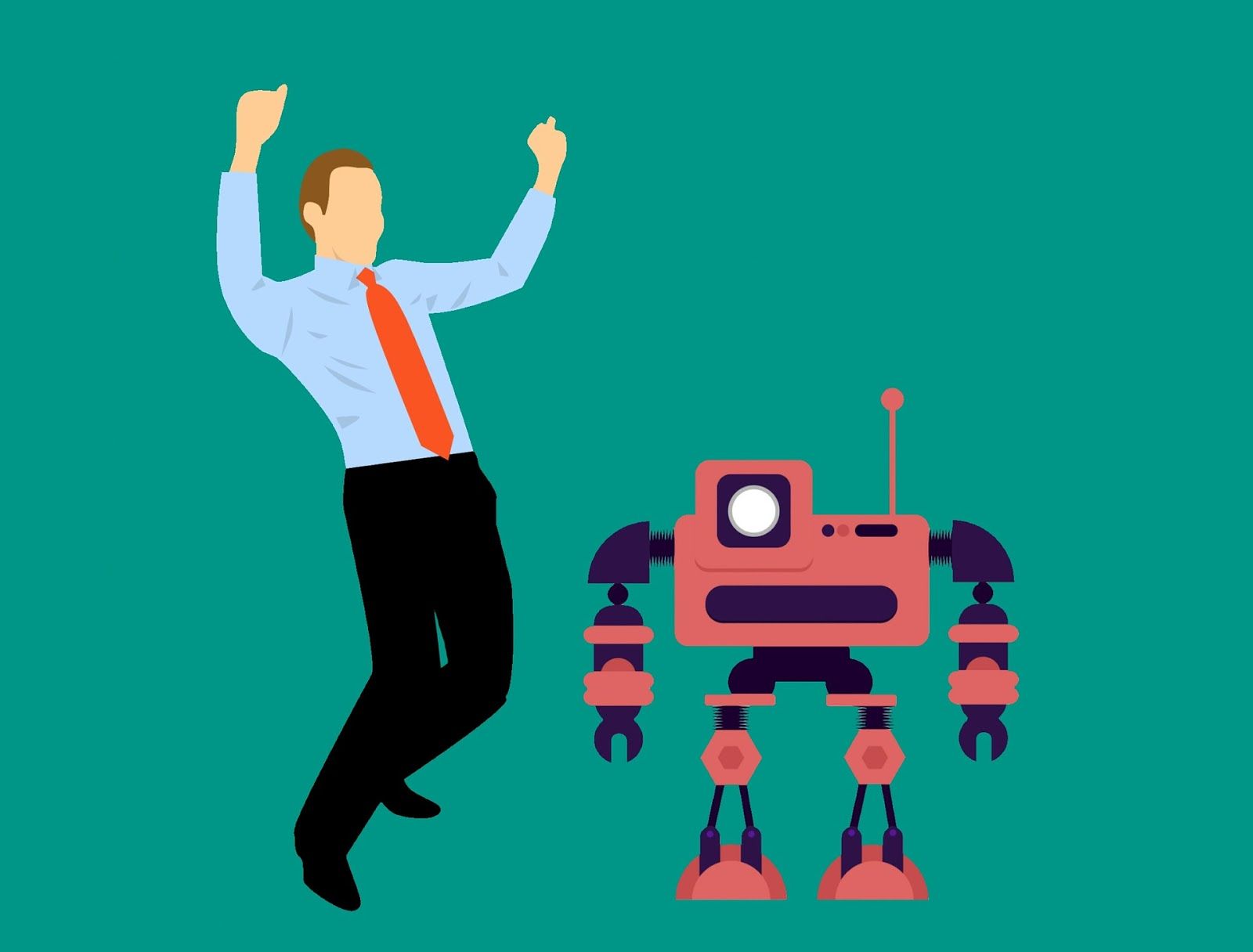 man cheering next to robot