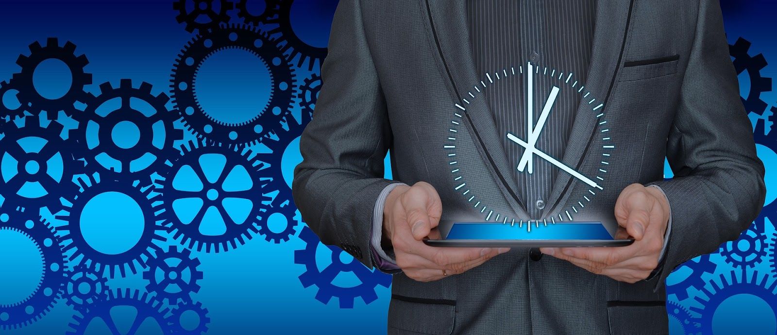 man holding tablet with floating clock