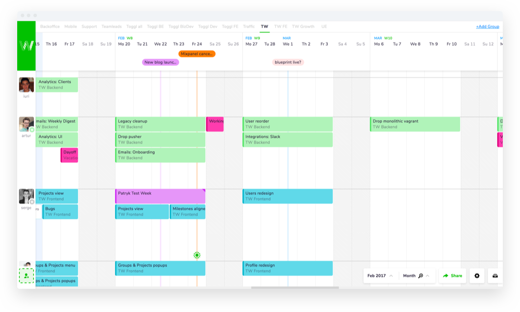 A screenshot of the Teamweek collaboration software