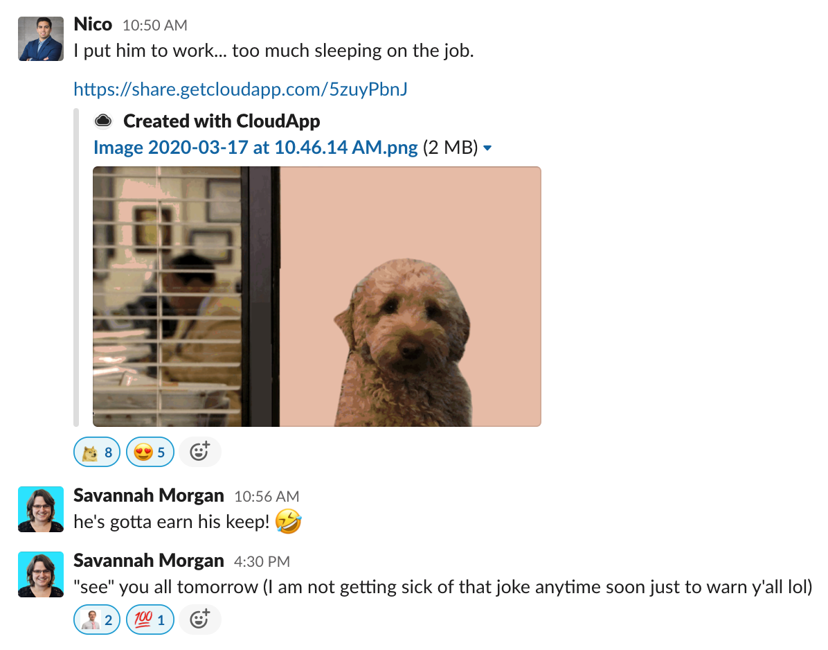 Screenshot of CloudApp Slack General Channel