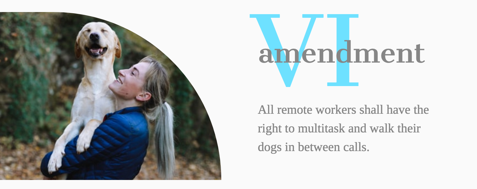 Amendment VI- All remote workers shall have the right to multitask and walk their dogs in between calls