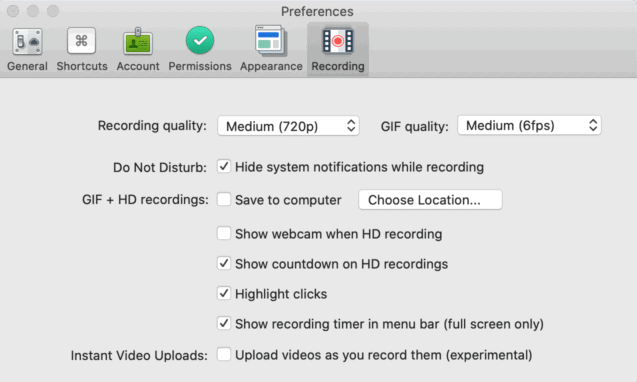 A GIF of the CloudApp Preferences menu shows a user toggling the recording quality option.