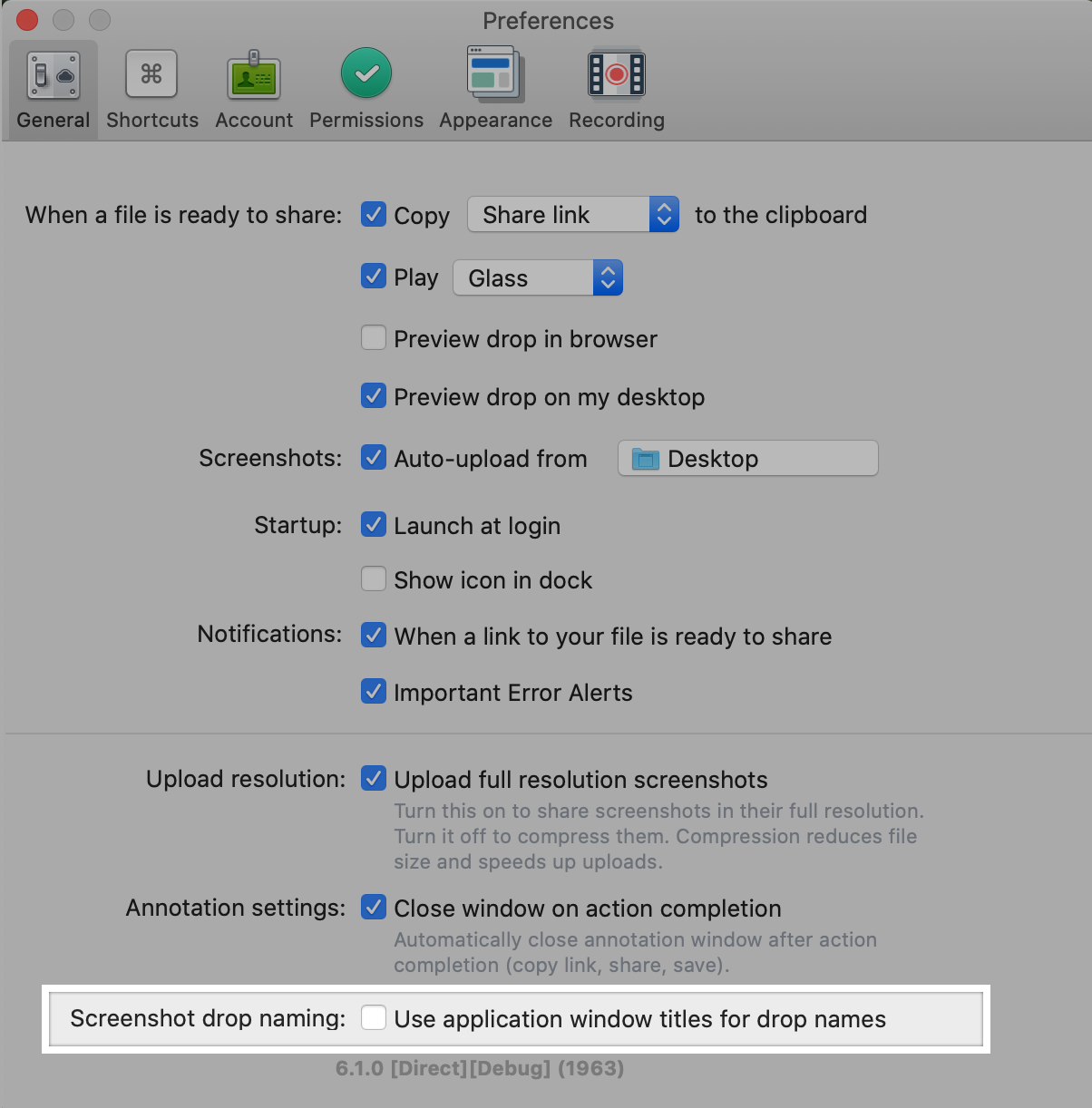 The Preferences menu for Mac is shown with the highlighted “Screenshot drop naming” section.