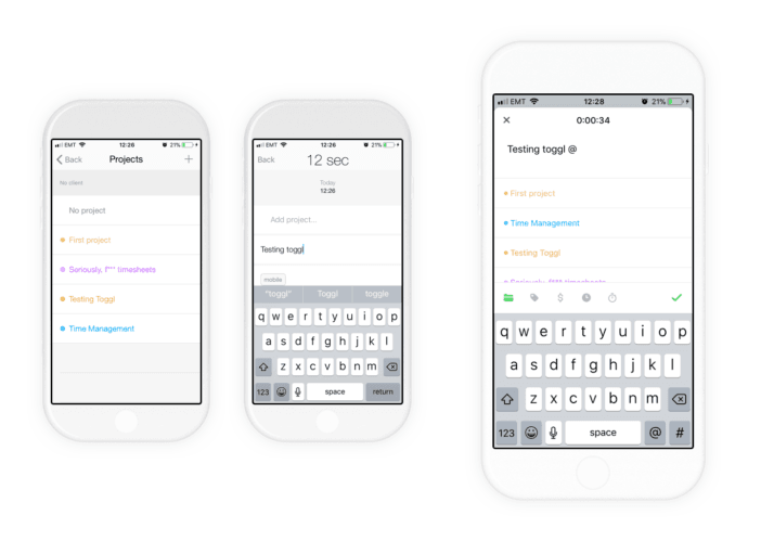 A screenshot of the Toggl iPhone productivity app.